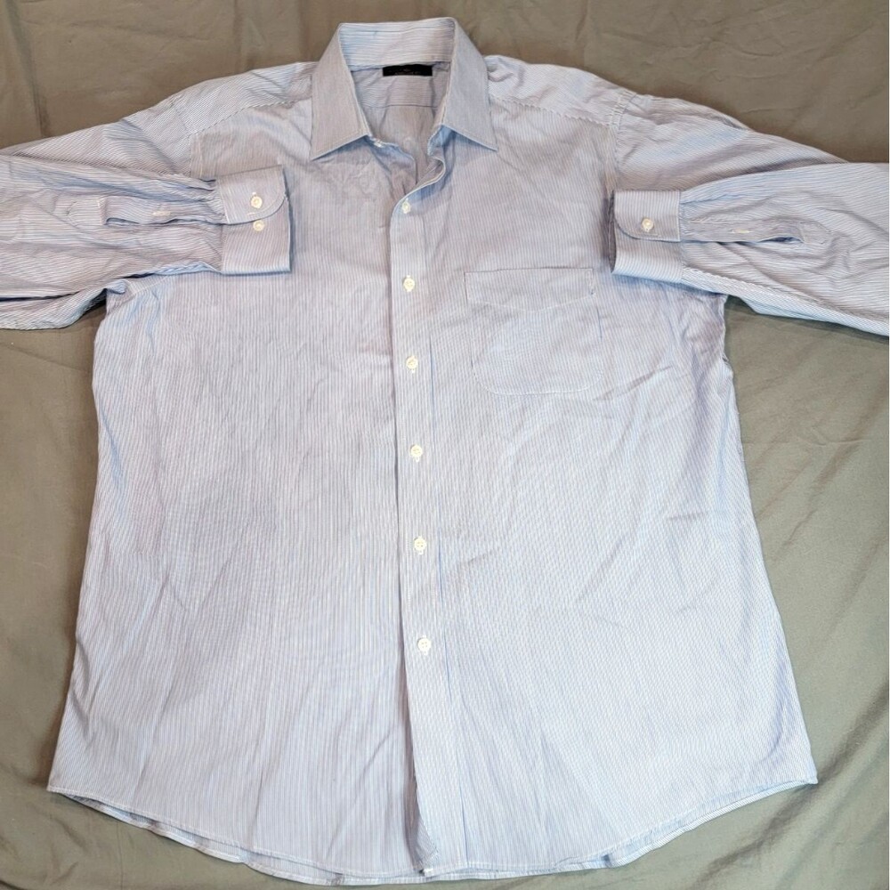 Club Room Mens‎ Dress Shirt 16 34/35 Blue White Stripe Regular Fit Cotton Button